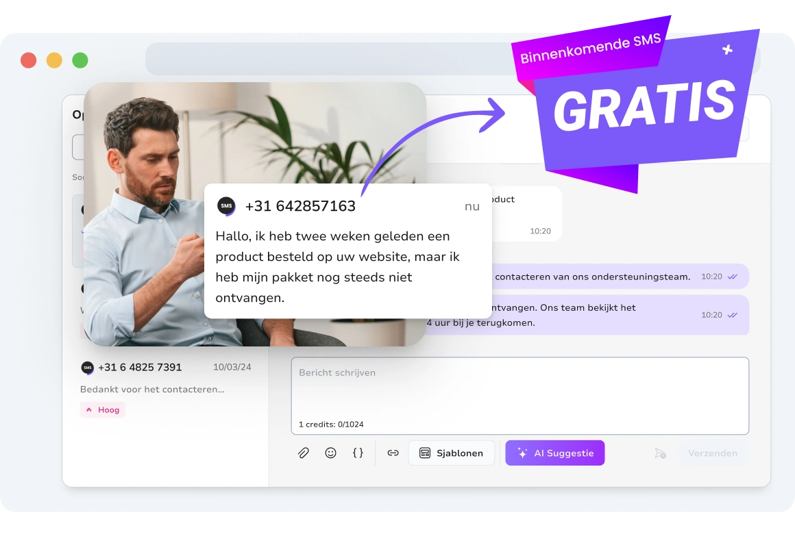 Screenshot die de gratis inkomende sms-functie in TopMessage toont