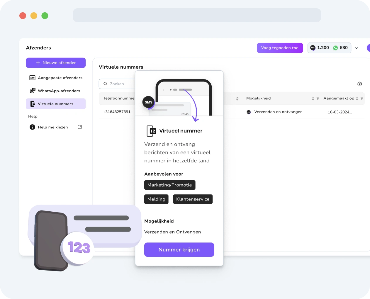 Screenshot van de interface voor virtuele sms-nummers van TopMessage.