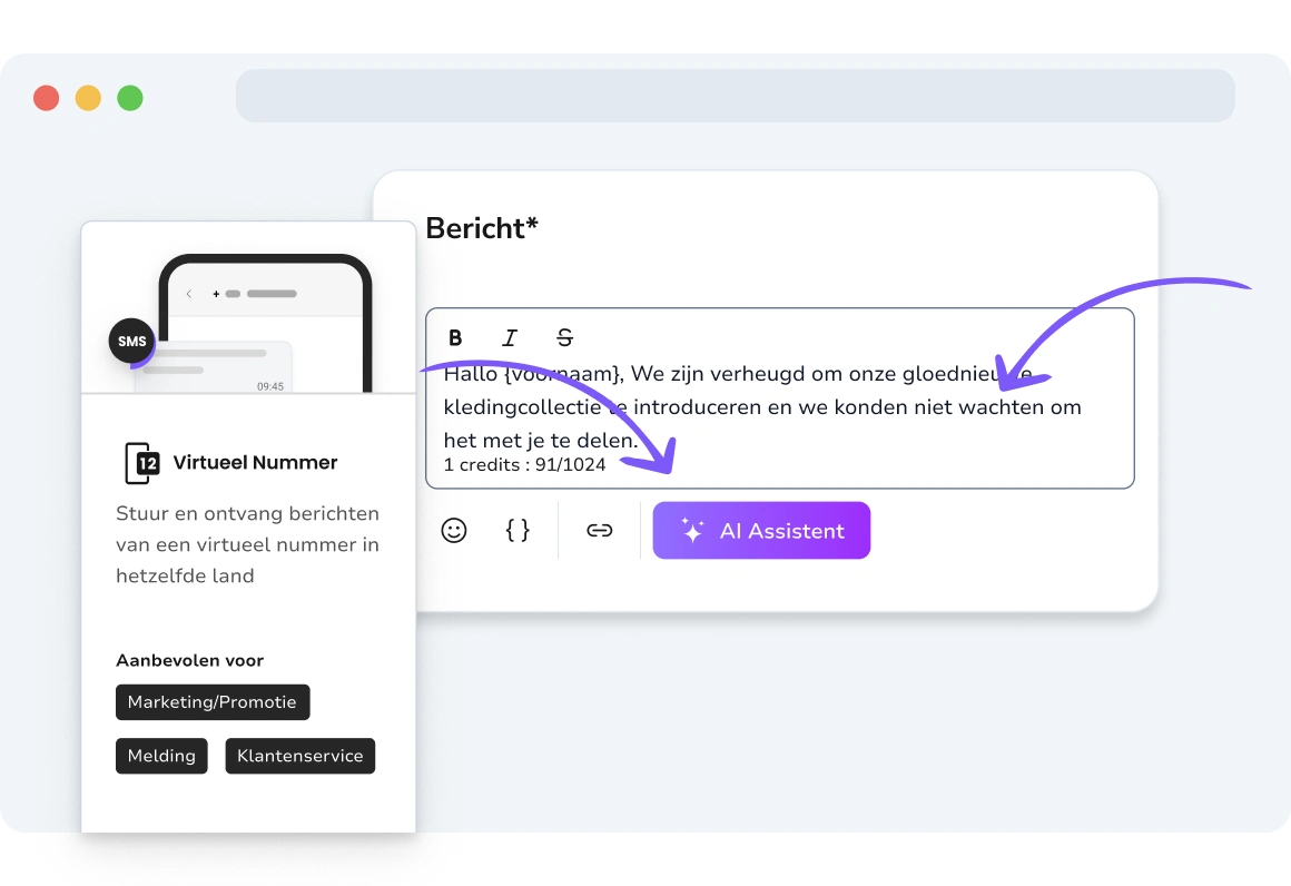 Screenshot van TopMessage-pagina met lange en korte codes voor sms-berichten.