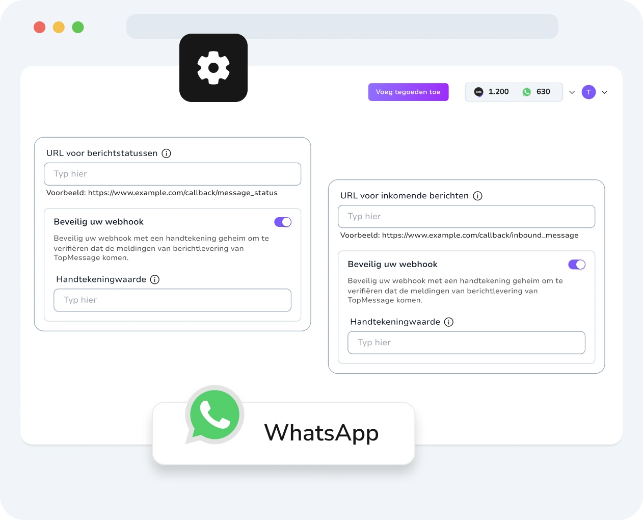 Screenshot van de TopMessage-interface met de WhatsApp webhook-instellingen met aanpassingsmogelijkheden en prestatiestatistieken.