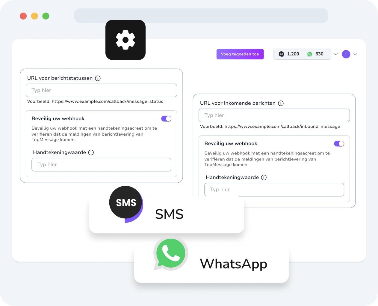 Screenshot van de TopMessage-interface met de creatie en configuratie van webhooks met prestatiestatistieken.