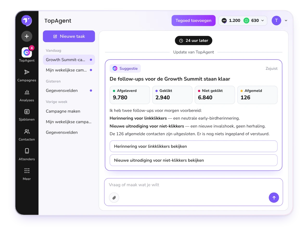 Geanimeerde demo van TopAgent die met één opdracht een sms-campagne aanmaakt