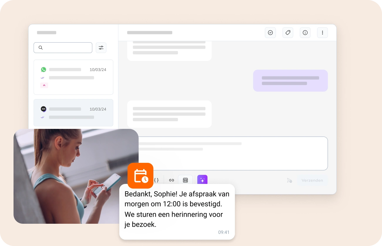 Een vrouw checkt haar smartphone en ontvangt een afspraakherinnering van TopMessage, met het dashboard op de achtergrond.