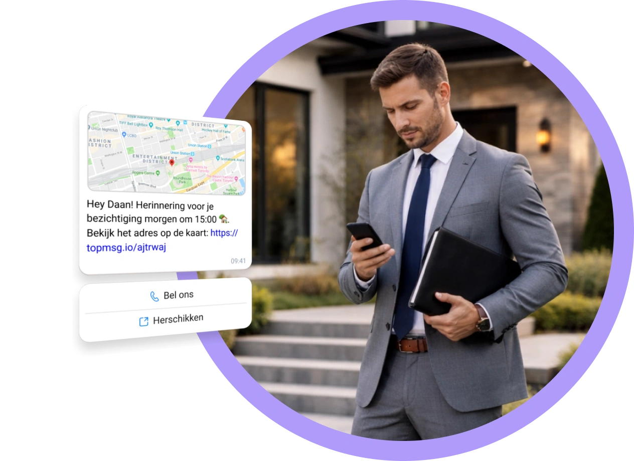 Vastgoedmakelaars die SMS- en WhatsApp-berichten sturen naar kopers, verkopers en investeerders om vastgoedupdates te delen en communicatie te beheren