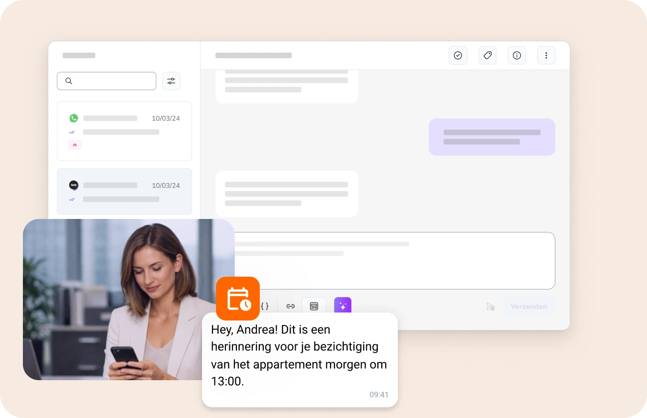 Vastgoedprofessionals die via SMS en WhatsApp communiceren met kopers, verkopers en huurders tijdens het gehele vastgoedtraject.