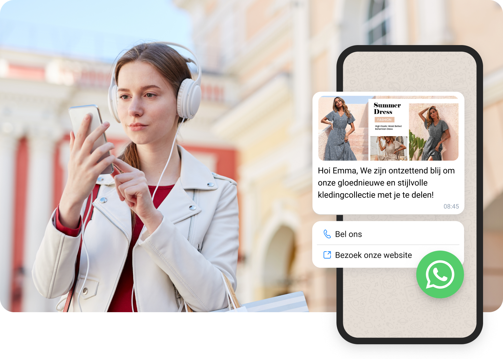 Meisje met witte koptelefoon leest WhatsApp-berichten ontvangen van e-commerce