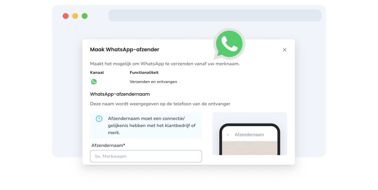 Screenshot van de WhatsApp-afzender-indieningspagina van TopMessage.