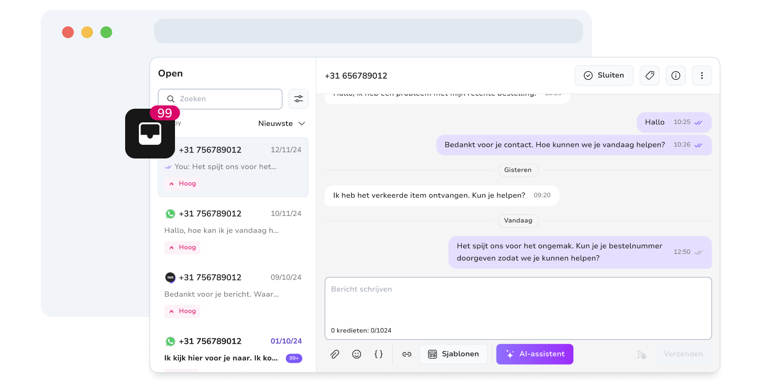 Screenshot van de berichteninboxpagina van TopMessage
