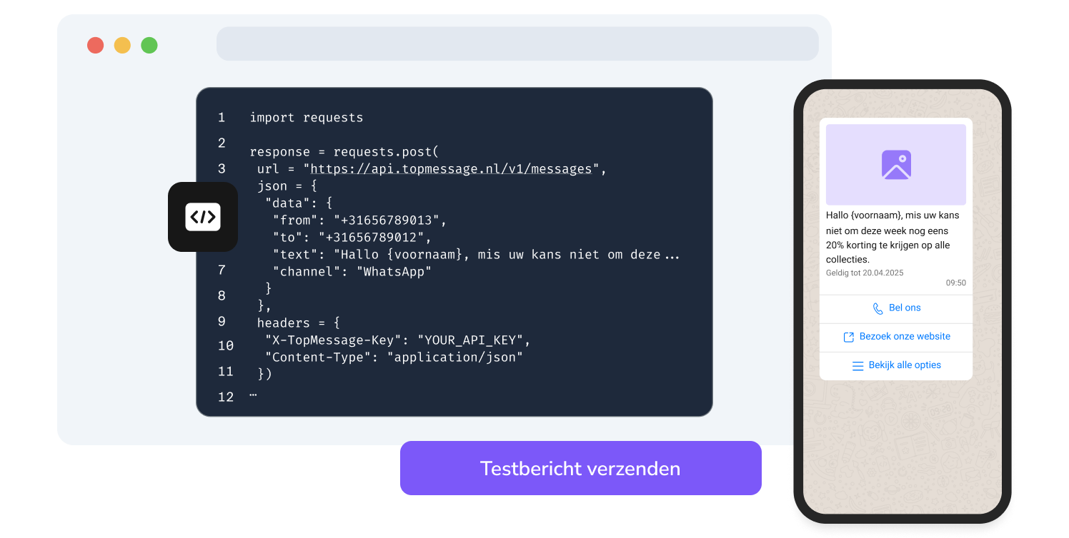 Screenshot van de API-pagina van TopMessage met WhatsApp-code testfunctie.
