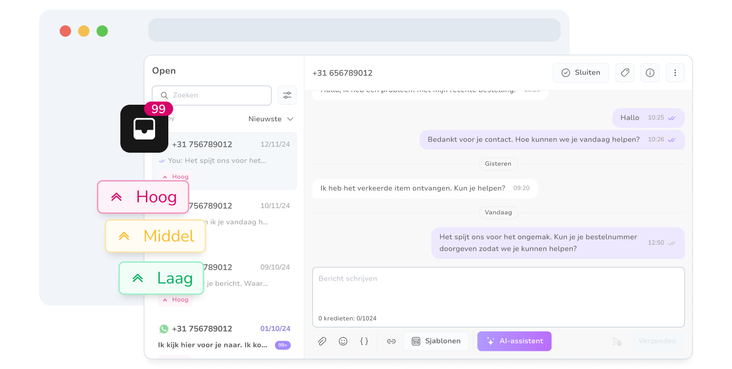 Screenshot van de gecentraliseerde berichteninbox van TopMessage met gespreksprioriteiten.