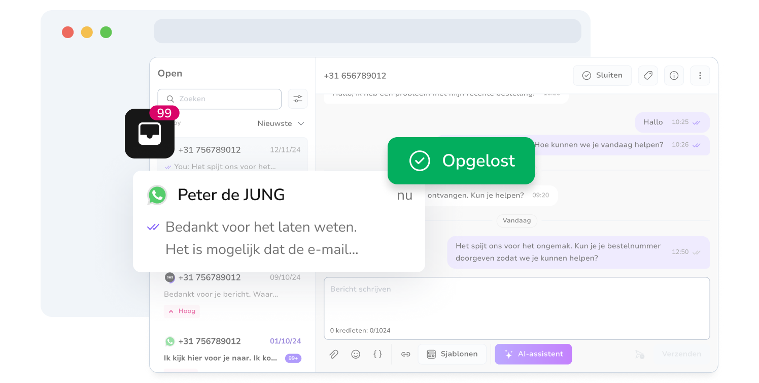 Screenshot van de gecentraliseerde berichteninbox van TopMessage met opgeloste WhatsApp-gesprekken.