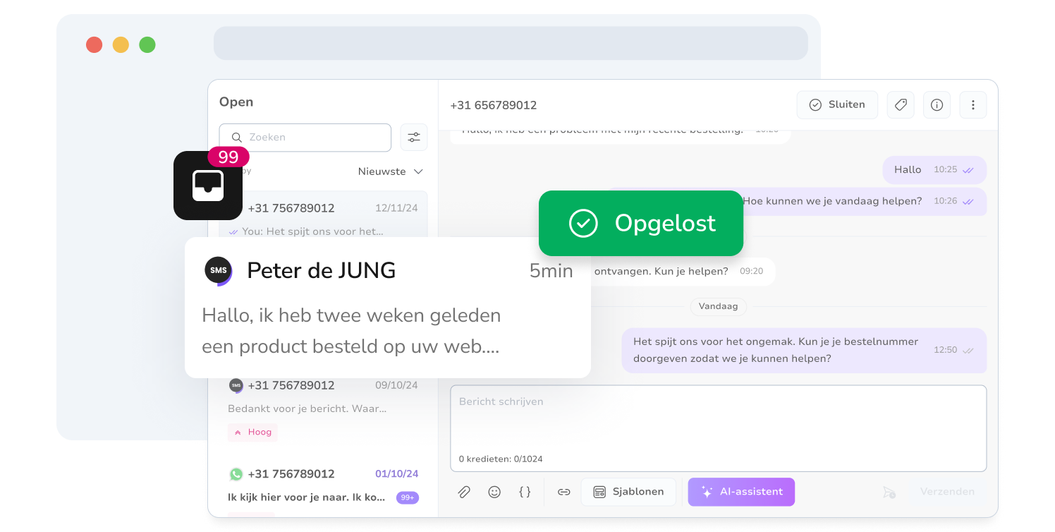 Screenshot van de gecentraliseerde berichteninbox van TopMessage met opgeloste sms-gesprekken.