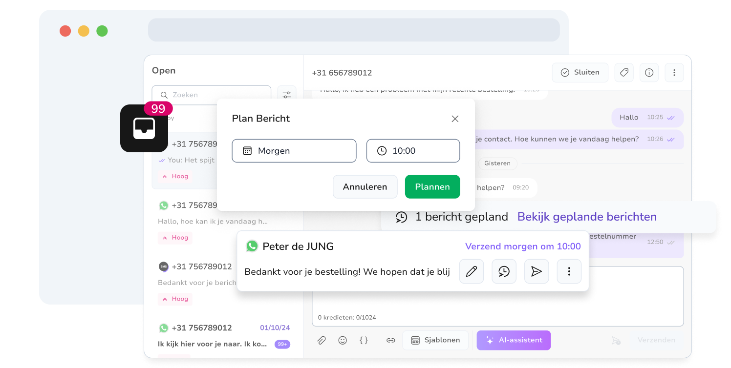 Screenshot van de WhatsApp-inboxpagina van TopMessage met planningsfunctie.