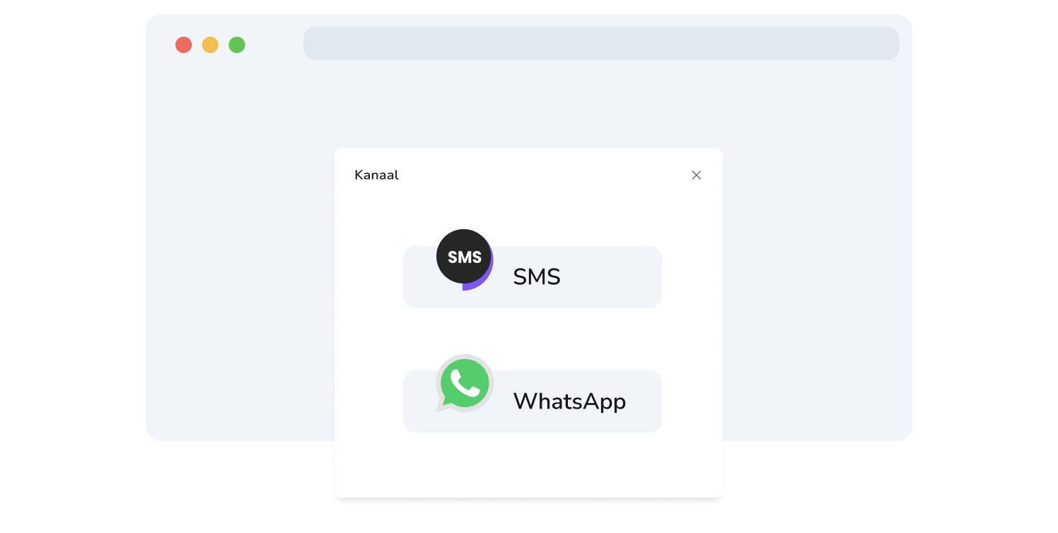 Screenshot van de selectiepagina voor WhatsApp- en sms-kanalen van TopMessage.